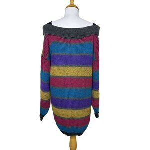 Vintage 80s Gitano Plus Off-the-Shoulder Colorful Striped Sweater Dress, Size 42